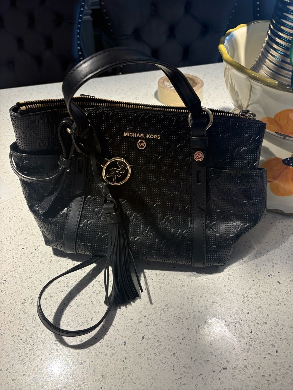 Michael Kors Black Embossed Leather Crossbody with Tassel Charm